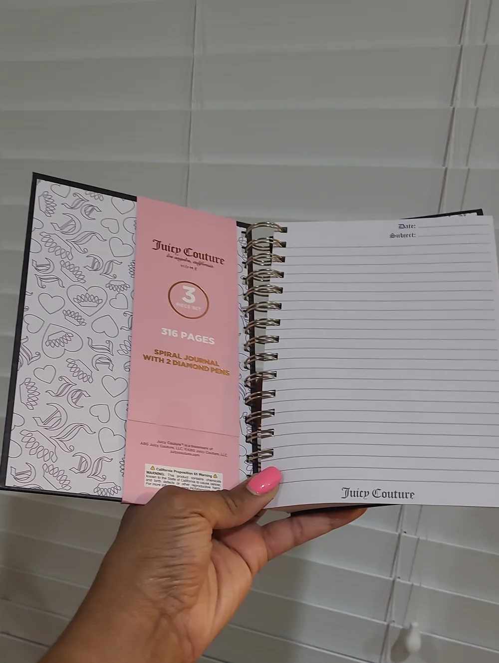 Juicy Couture Black & Pink Spiral Notebook with Gold Diamond Pens